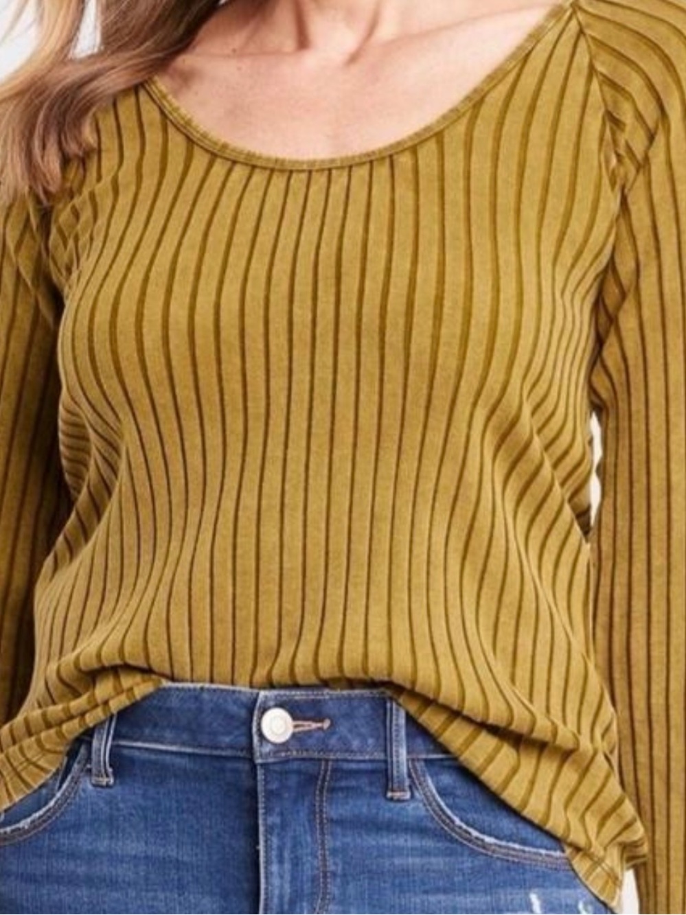 Knox Rose Olive Ribbed Scoop-Neck Long Sleeve Top
